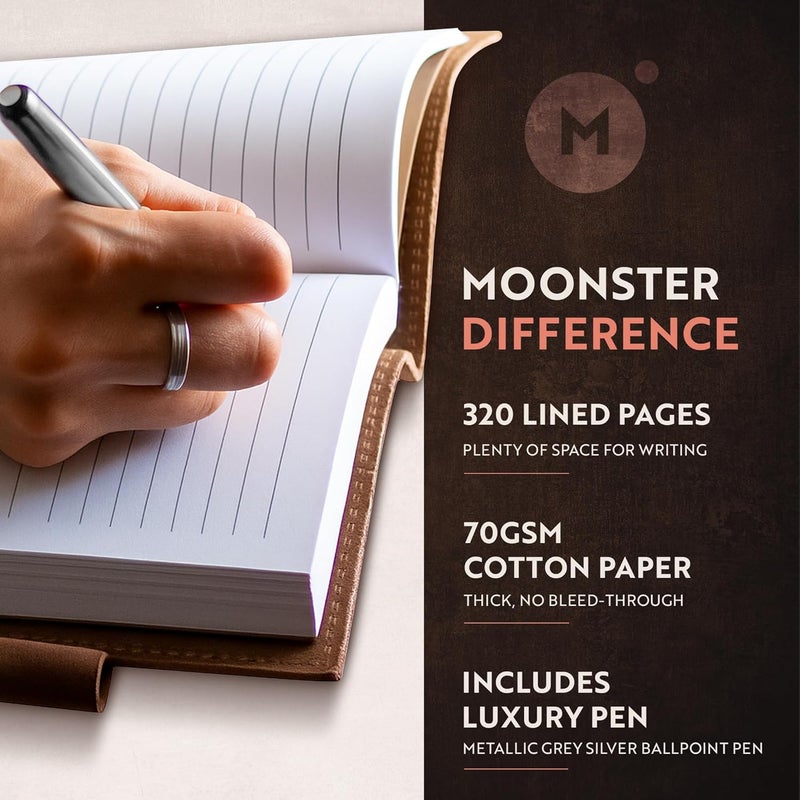 Moonster دفتر جلد قابل للتجديد - دفتر جلد يدوي الصنع بتصميم عتيق للنساء والرجال، دفتر جلد كلاسيكي مع قلم للكتابة، السفر، ملاحظات الكتاب المقدس - دفتر ملاحظات فاخر - Image 2